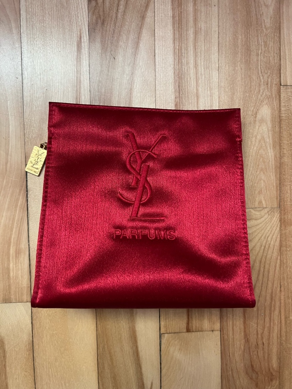 Yves Saint Laurent Red Satin Parfums Pouch with Gold Tag
